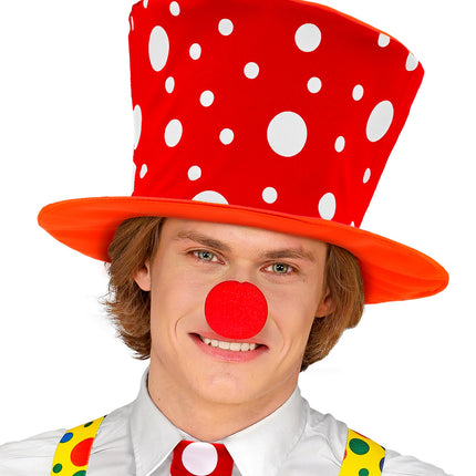 e-carnavalskleding-SYK Clownshoed hoog rood oranje met witte bollen