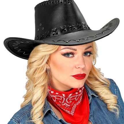 e-carnavalskleding-SYK cowboyhoed lederlook met decoratie zwart