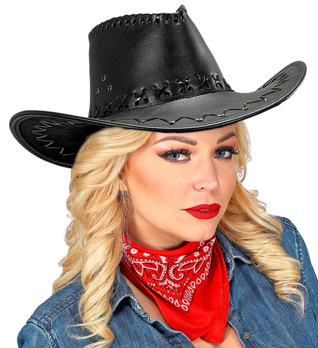 e-carnavalskleding-SYK cowboyhoed lederlook met decoratie zwart