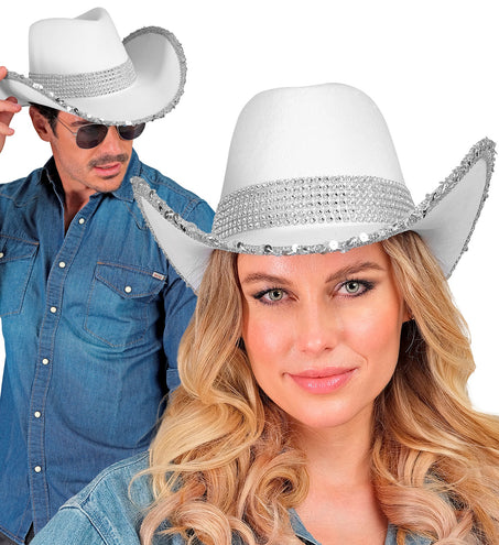 e-carnavalskleding-SYK Cowboyhoed wit bling met steentjes