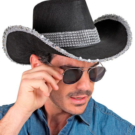 e-carnavalskleding-SYK Cowboyhoed zwart bling met steentjes