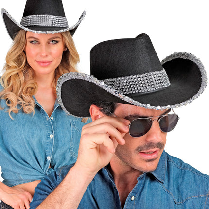 e-carnavalskleding-SYK Cowboyhoed zwart bling met steentjes