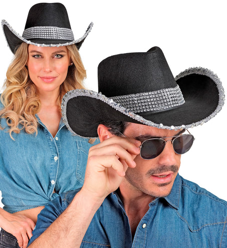 e-carnavalskleding-SYK Cowboyhoed zwart bling met steentjes