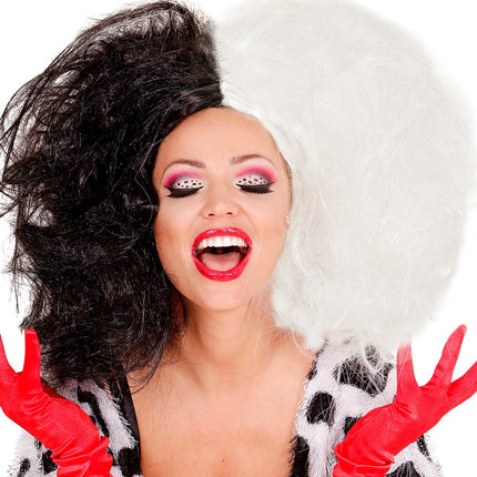 e-carnavalskleding-SYK Cruella pruik lang zwart wit haar