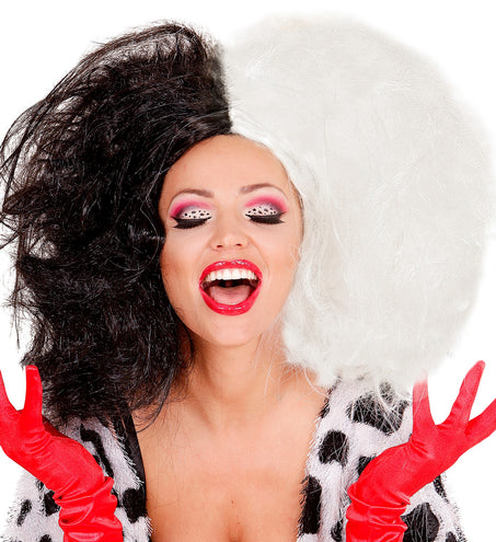 e-carnavalskleding-SYK Cruella pruik lang zwart wit haar