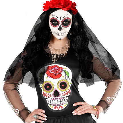 e-carnavalskleding-SYK Day of the dead lange sluier met rode rozen