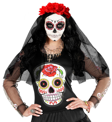 e-carnavalskleding-SYK Day of the dead lange sluier met rode rozen