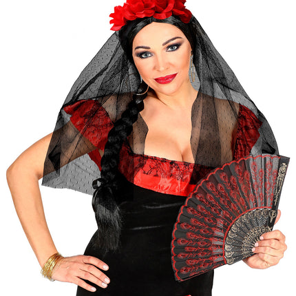 e-carnavalskleding-SYK Day of the dead lange sluier met rode rozen