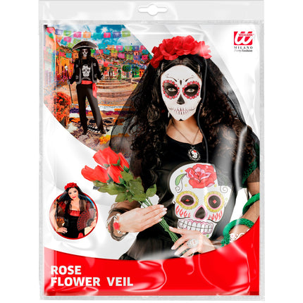 e-carnavalskleding-SYK Day of the dead lange sluier met rode rozen