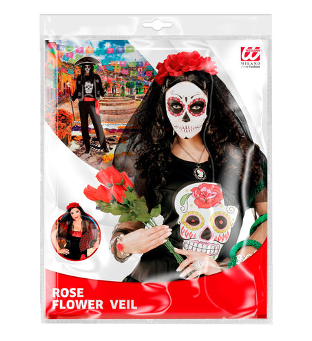 e-carnavalskleding-SYK Day of the dead lange sluier met rode rozen