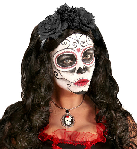 e-carnavalskleding-SYK Diadeem  day of death met 3 rozen zwart glitter