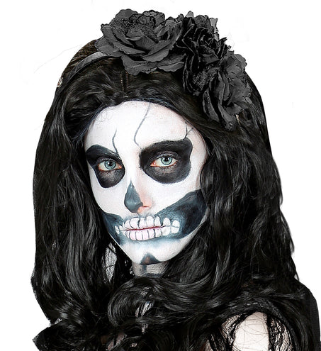 e-carnavalskleding-SYK Diadeem  day of death met 3 rozen zwart glitter