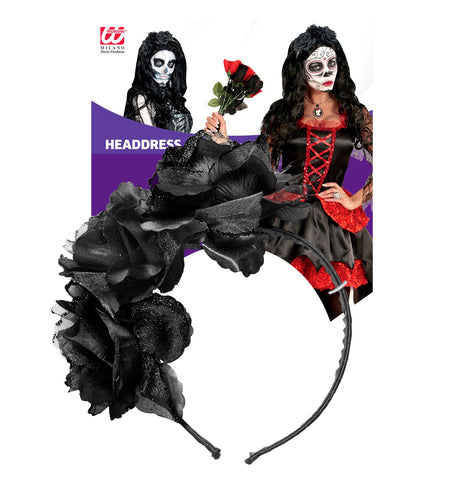 e-carnavalskleding-SYK Diadeem  day of death met 3 rozen zwart glitter