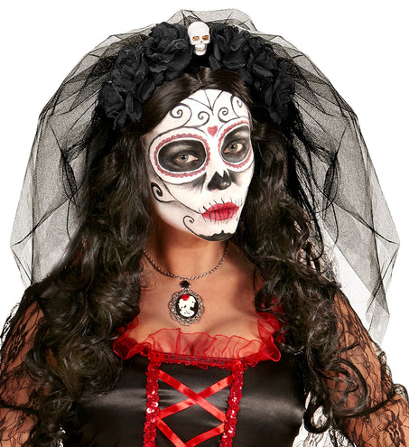 e-carnavalskleding-SYK Diadeem  day of death met 6 rozen  schedel en sluier zwart