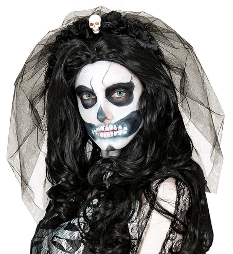 e-carnavalskleding-SYK Diadeem  day of death met 6 rozen  schedel en sluier zwart