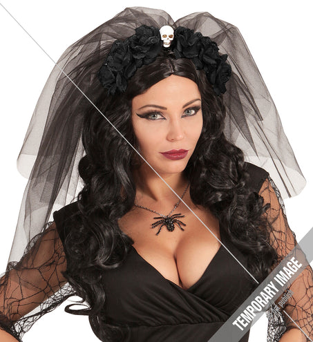 e-carnavalskleding-SYK Diadeem  day of death met 6 rozen  schedel en sluier zwart