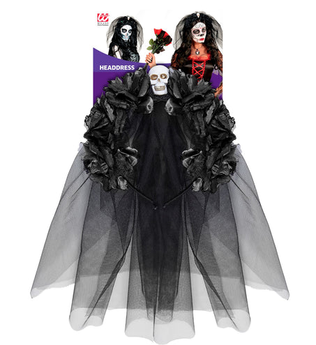 e-carnavalskleding-SYK Diadeem  day of death met 6 rozen  schedel en sluier zwart