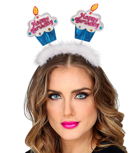 e-carnavalskleding-SYK Diadeem happy birthday cake blauw