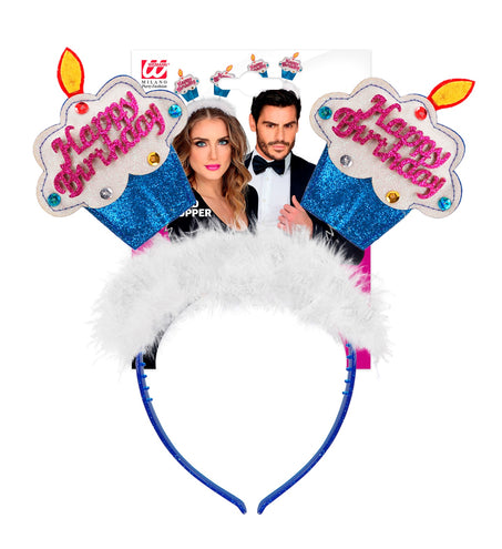 e-carnavalskleding-SYK Diadeem happy birthday cake blauw