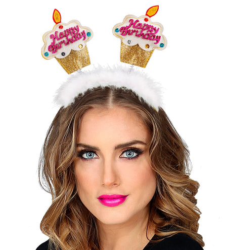 e-carnavalskleding-SYK Diadeem happy birthday cake goud/ wit