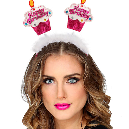 e-carnavalskleding-SYK Diadeem happy cake roze/ wit