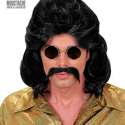 e-carnavalskleding-SYK Disco pruik seventies man zwart met snor