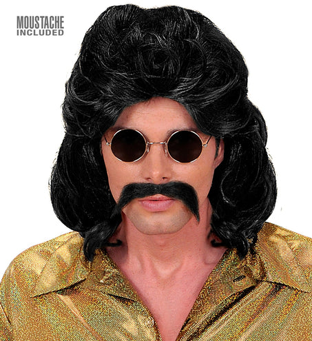 e-carnavalskleding-SYK Disco pruik seventies man zwart met snor