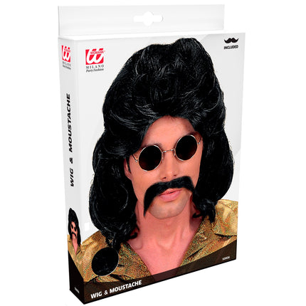 e-carnavalskleding-SYK Disco pruik seventies man zwart met snor