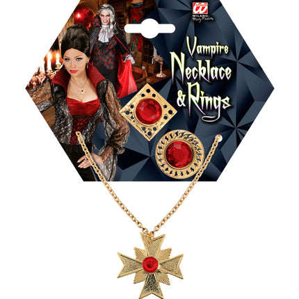 e-carnavalskleding-SYK Dracula ketting met ringen Robijn