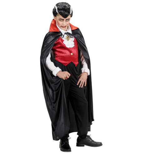 e-carnavalskleding-SYK Dracula vampier cape zwart met rode kraag kind