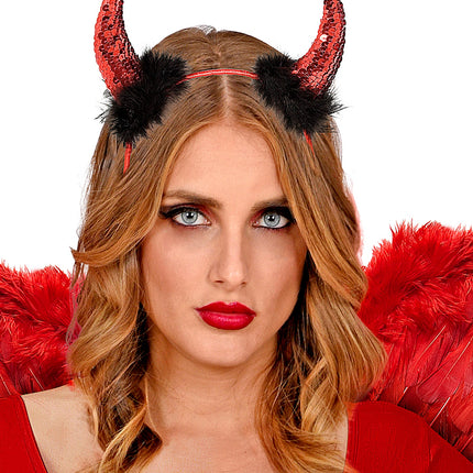 e-carnavalskleding-SYK Duivel hoorntje metallic marabou rood