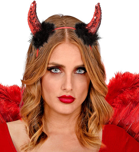 e-carnavalskleding-SYK Duivel hoorntje metallic marabou rood