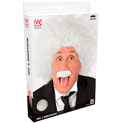 e-carnavalskleding-SYK Einstein pruik professor wit met snor
