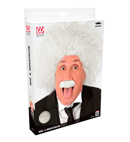 e-carnavalskleding-SYK Einstein pruik professor wit met snor