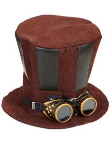 e-carnavalskleding-SYK Extra hoge hoed steampunk bruin met stofbril