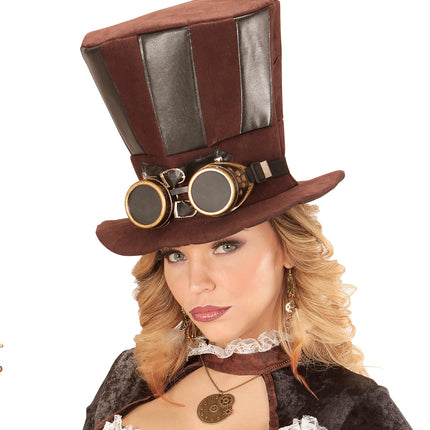 e-carnavalskleding-SYK Extra hoge hoed steampunk bruin met stofbril