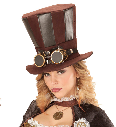 e-carnavalskleding-SYK Extra hoge hoed steampunk bruin met stofbril
