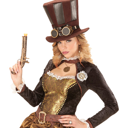 e-carnavalskleding-SYK Extra hoge hoed steampunk bruin met stofbril