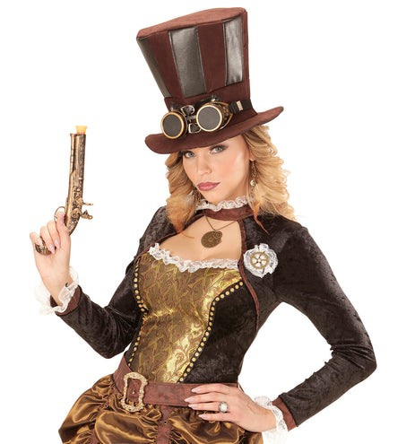 e-carnavalskleding-SYK Extra hoge hoed steampunk bruin met stofbril