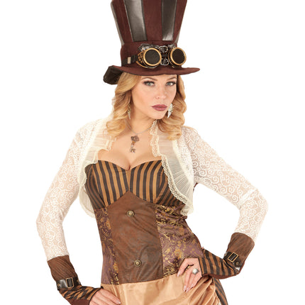 e-carnavalskleding-SYK Extra hoge hoed steampunk bruin met stofbril