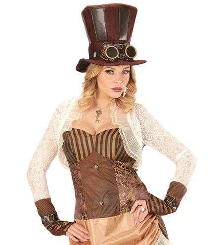 e-carnavalskleding-SYK Extra hoge hoed steampunk bruin met stofbril