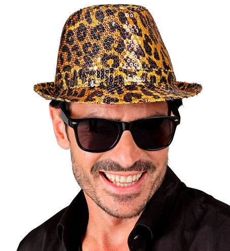 e-carnavalskleding-SYK Fedora pailletten hoed luipaard print