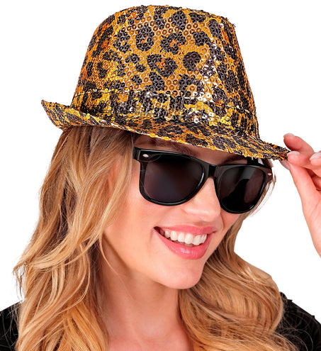 e-carnavalskleding-SYK Fedora pailletten hoed luipaard print