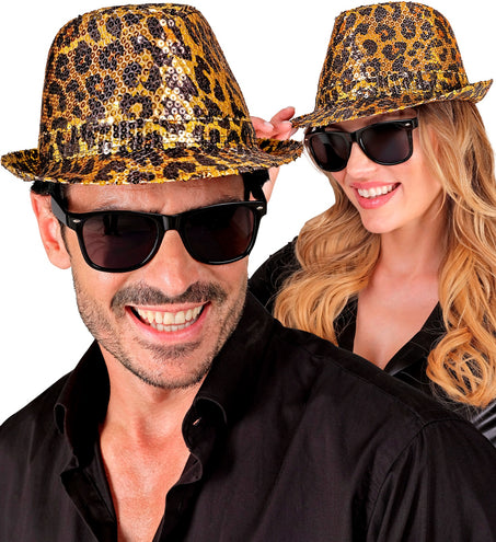 e-carnavalskleding-SYK Fedora pailletten hoed luipaard print