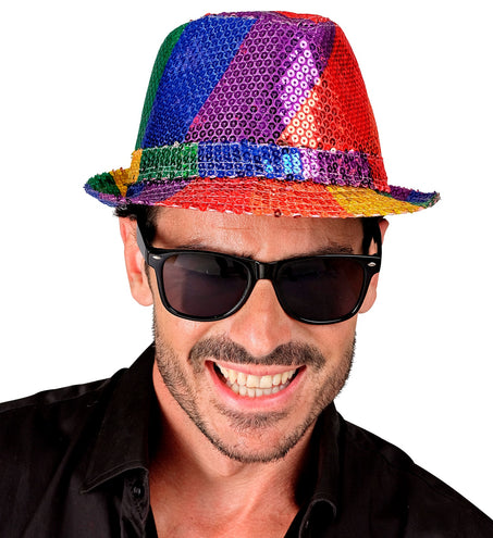 e-carnavalskleding-SYK Fedora pailletten regenboog hoed