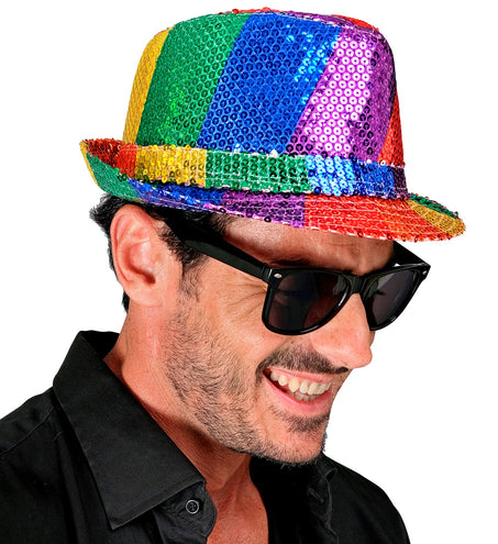 e-carnavalskleding-SYK Fedora pailletten regenboog hoed