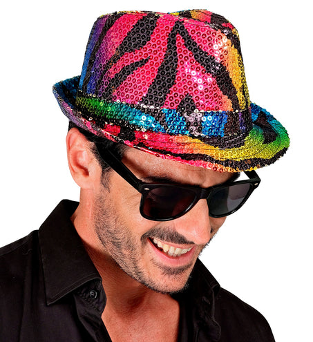 e-carnavalskleding-SYK Fedora pailletten regenboog tijger hoed