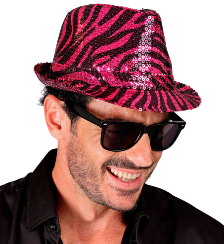 e-carnavalskleding-SYK Fedora pailletten roze tijger print hoed