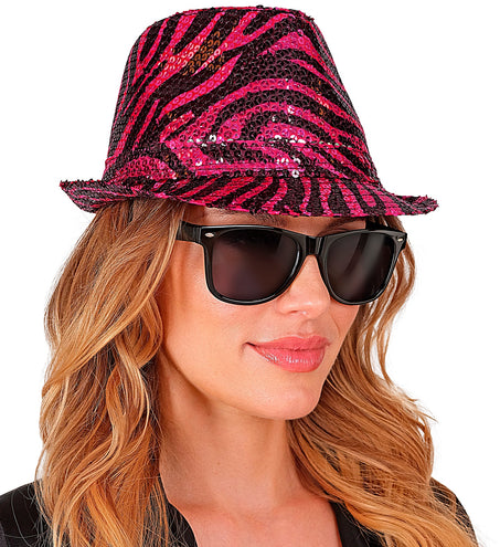 e-carnavalskleding-SYK Fedora pailletten roze tijger print hoed