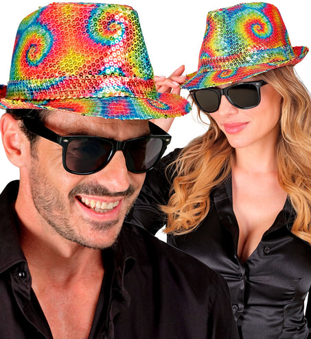 e-carnavalskleding-SYK Fedora pailletten tie dye hoed